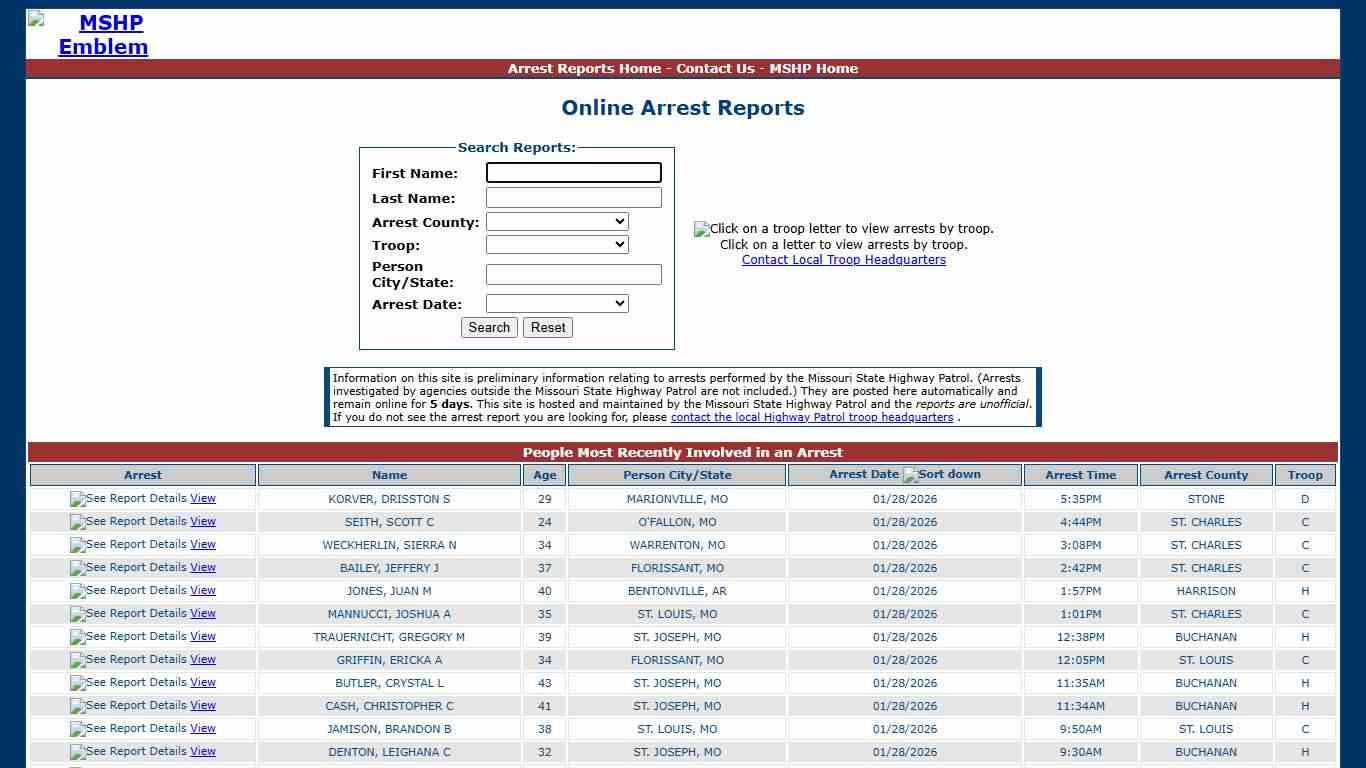 Missouri State Highway Patrol - Arrest Reports